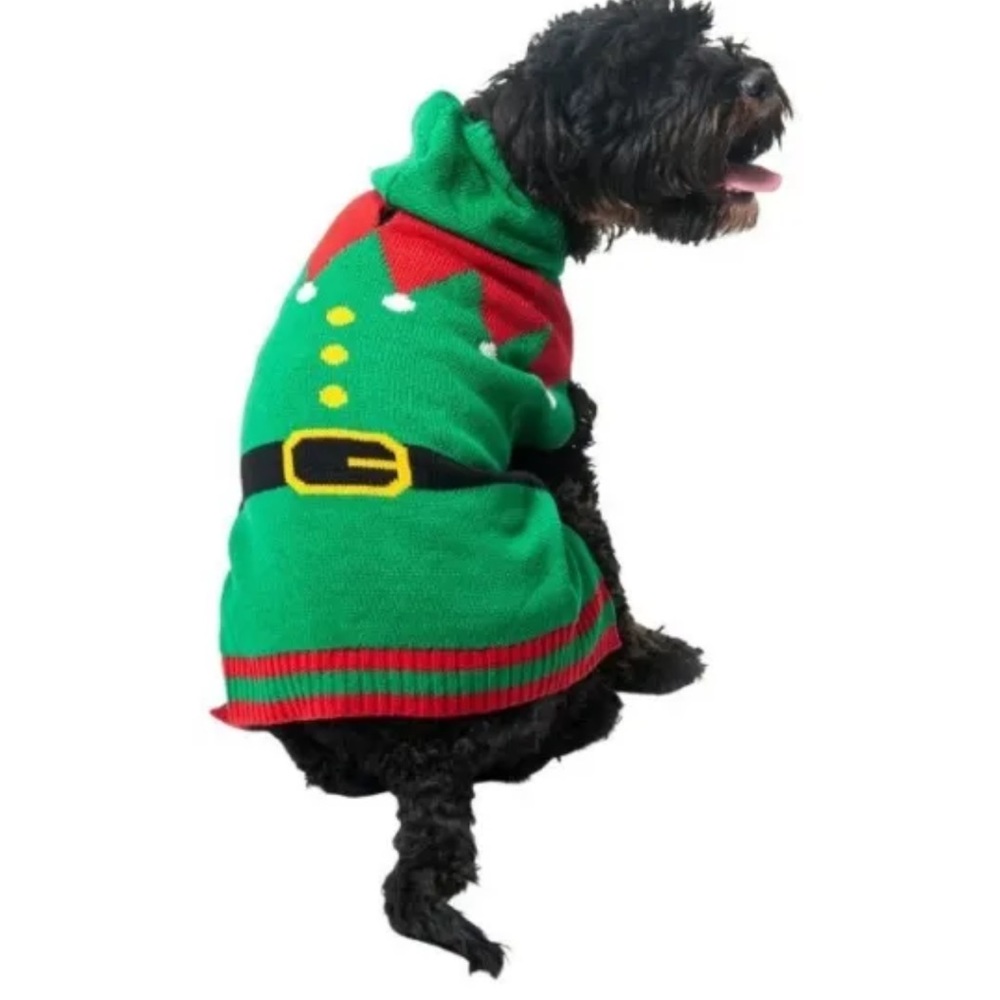 NWT Vibrant Life Holiday green Elf Sweater with hood holiday Cat Dog Sweater S